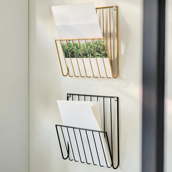 Wall-Mounted Iron File Holder — Single-Tier Magazine & Letter Rack (Gold or Black)
