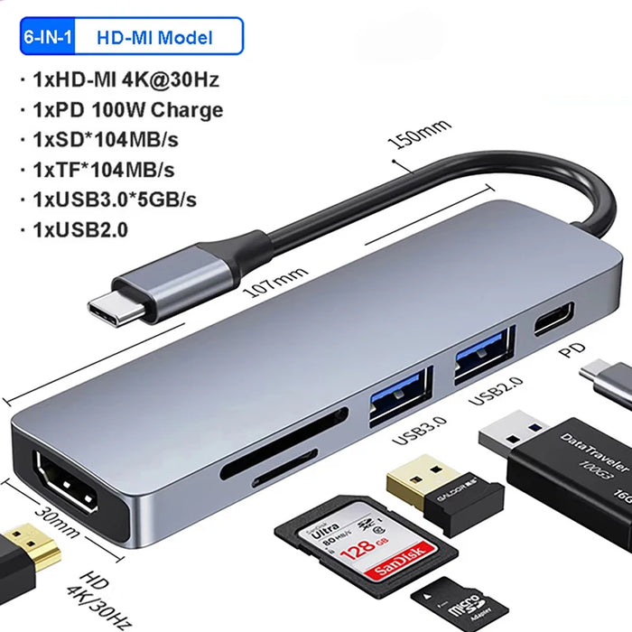 7-in-1 USB-C Docking Station – 4K 30Hz HDMI, PD 100W, USB 3.0 & SD/TF Card Reader
