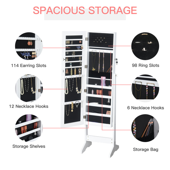 Lockable Freestanding Jewellery Armoire with Adjustable Full-Length Mirror — White