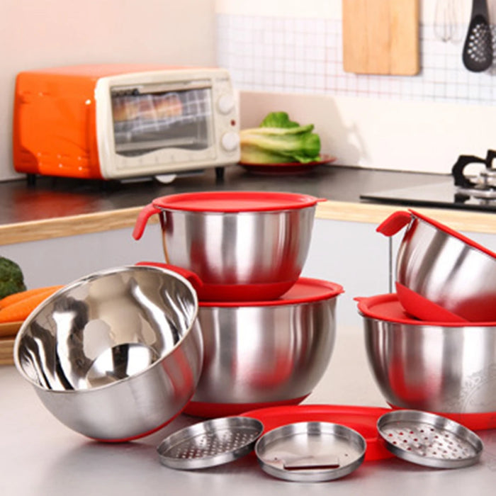 304 / 18/10 Stainless Steel Mixing Bowl Set with Lids, Graters & Handle — Non‑Slip Nesting Bowls (1.5/2.5/4.5L)