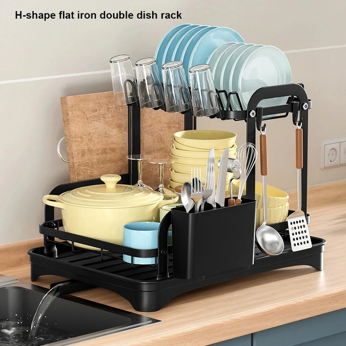 2-Tier Wrought Iron Dish Drainer with 360° Drainage & Drainboard