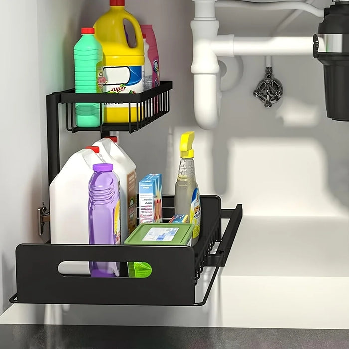 Metal Pull-Out Under-Sink Organiser with Sliding Shelf — Kitchen Storage (White/Black)