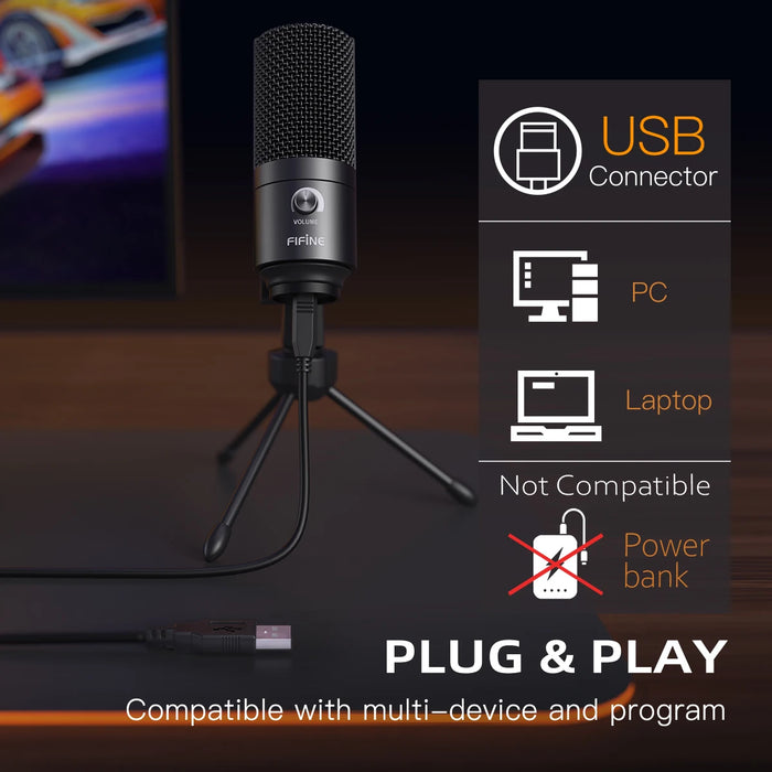 USB Condenser Microphone K669B — Metal Body, Cardioid, Gain Knob, USB Plug-and-Play