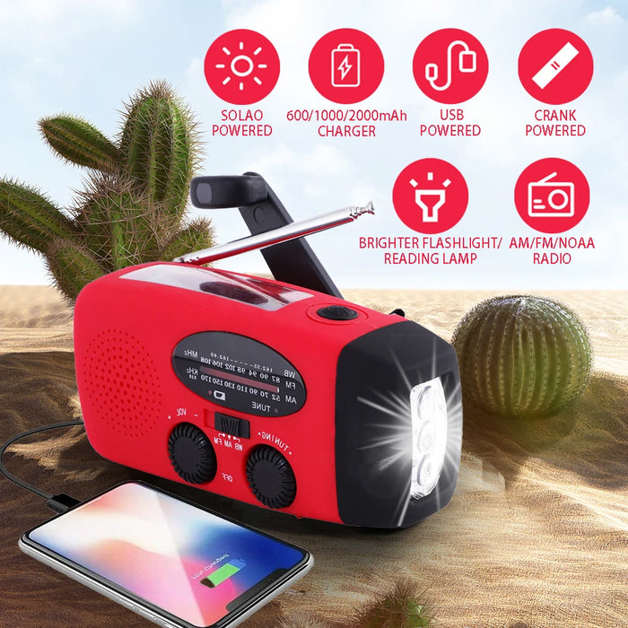2000mAh Emergency Radio with 3-LED Torch, Solar & Hand-Crank Charging (FM/AM/WB)