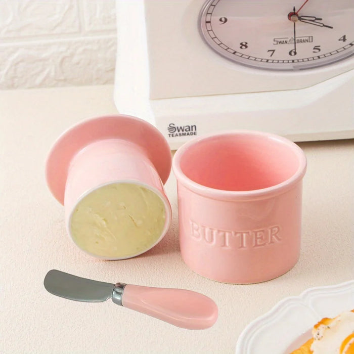 1-piece Pink Ceramic Butter Crock with Lid and Knife – French-style Porcelain Butter Dish