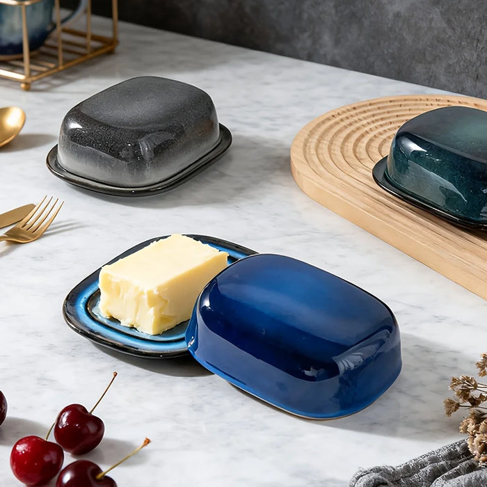Retro Kiln-Change Porcelain Butter Dish with Lid — Countertop Butter Keeper