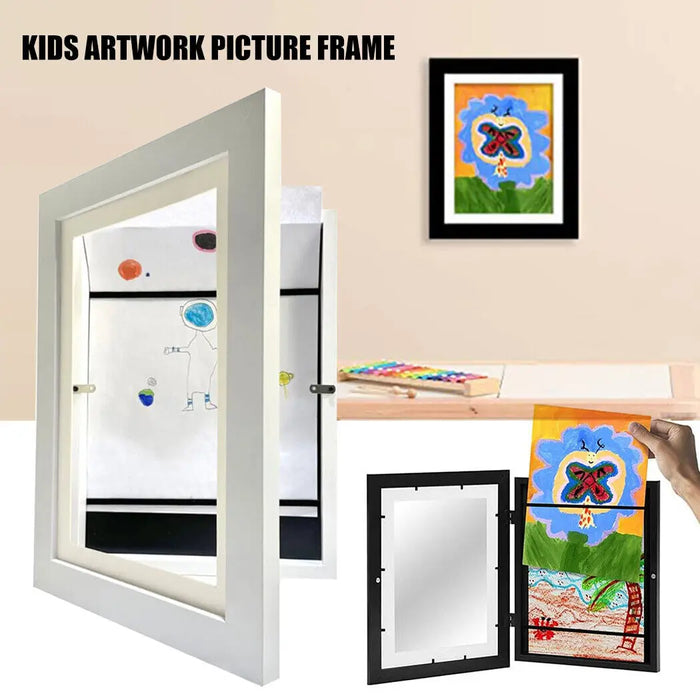A4 Kids Art Display Frame – Double Picture Frame with Elastic Strap (Black/White)