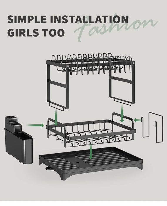 2-Tier Metal Dish Drainer with Draining Spout, Cutlery & Cup Holders