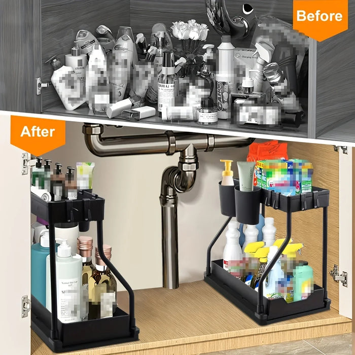 2-Tier Pull-Out Drawer Organiser — Foldable Plastic Storage for Kitchen & Bathroom