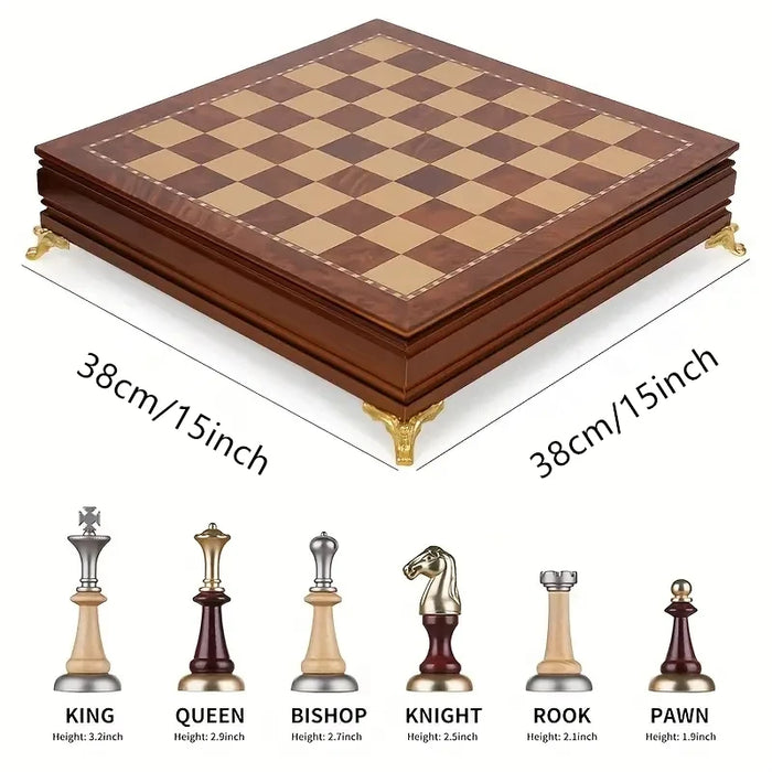 38cm (15in) Wooden Desktop Chess Set with Storage Drawer and 2 Extra Queens