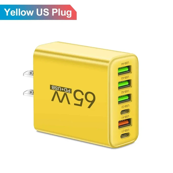 65W 6-Port USB PD Charger – 2x USB‑C PD + 4x USB Fast Wall Charger (EU/US)