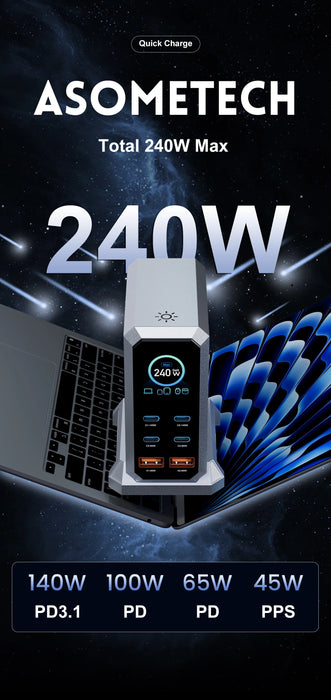 240W GaN Desktop Charger — 6‑Port (4×USB‑C, 2×USB‑A), 140W PD3.1 & PPS
