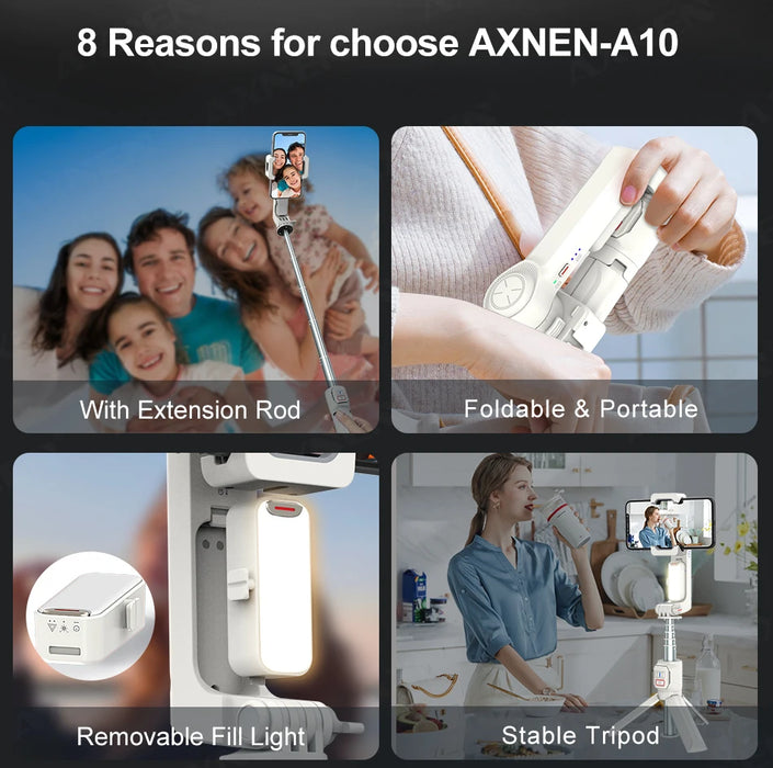 A10 Handheld Smartphone Gimbal with Fill Light, Extension Rod & Remote — for iPhone & Samsung