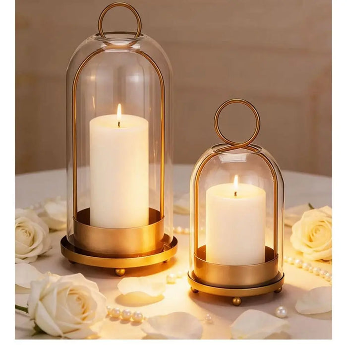 Vintage Brass Metal Candle Holder Set with Glass Domes