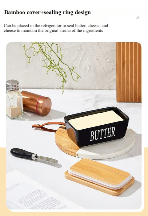 Ceramic Butter & Cheese Storage Box with Bamboo Lid and Knife — 14.8×8.5×6cm