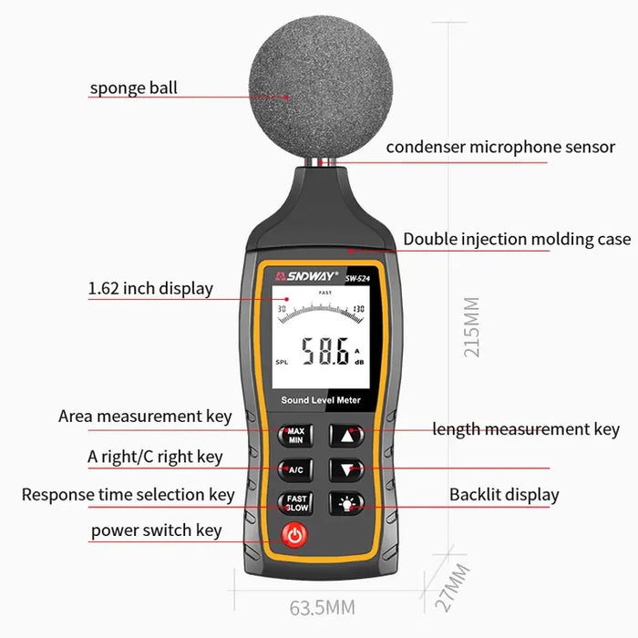 SW-523 / SW-524 Digital Sound Level Meter (30–130 dB) Handheld Noise Meter