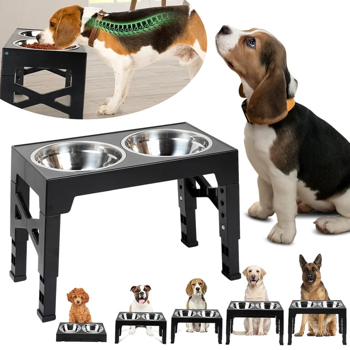 Adjustable Raised Dog Feeding Station with Two Stainless Steel Bowls - Black
