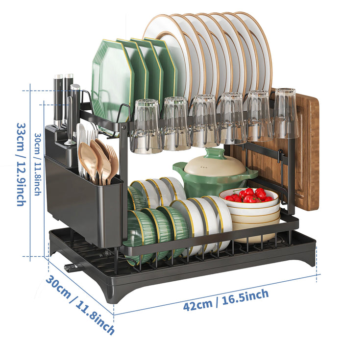 2-Tier Metal Dish Drainer with Draining Spout, Cutlery & Cup Holders