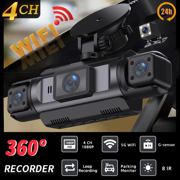 4-Channel Car Dash Cam with Wi‑Fi — FHD 1080p Front, Side & Rear, Night Vision, Hardwire Option