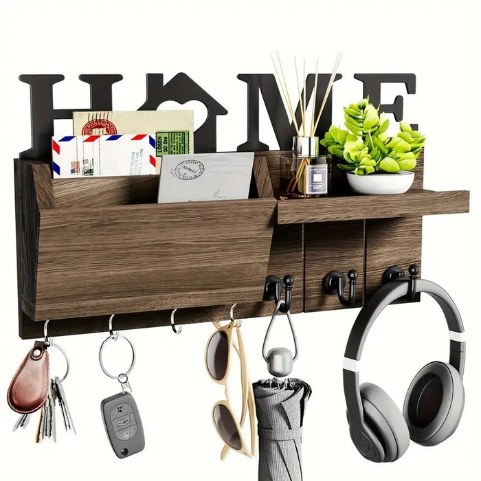 Rustic Wooden Wall-Mounted Organiser with Shelf and 7 Hooks