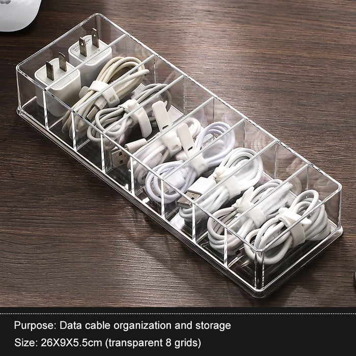 8-Compartment Transparent Acrylic Cable Organiser Box with Dustproof Cover