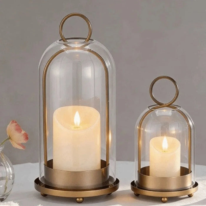 Vintage Brass Metal Candle Holder Set with Glass Domes
