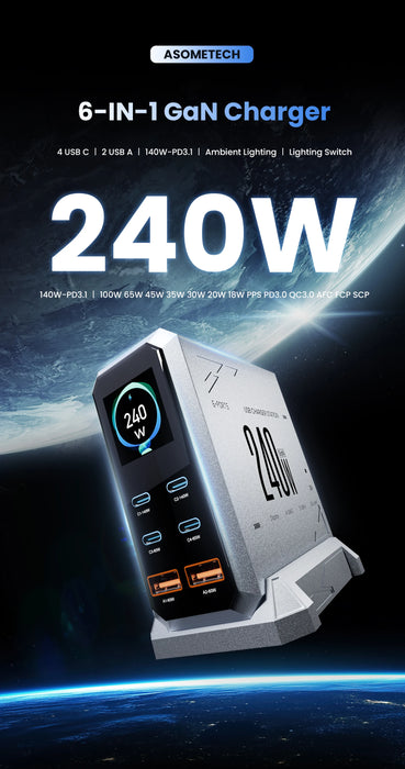 240W GaN Desktop Charger — 6‑Port (4×USB‑C, 2×USB‑A), 140W PD3.1 & PPS