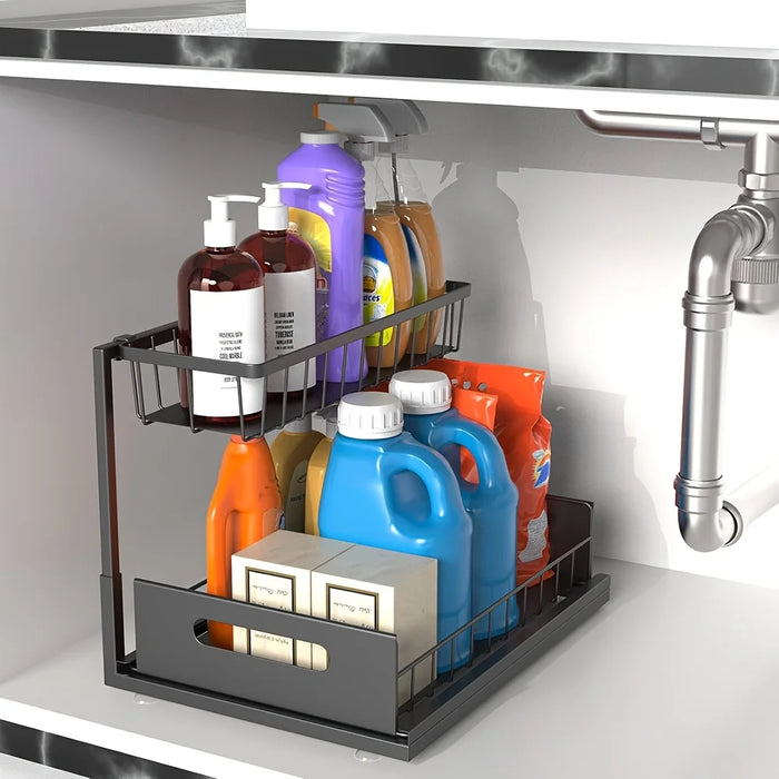 Metal Pull-Out Under-Sink Organiser with Sliding Shelf — Kitchen Storage (White/Black)