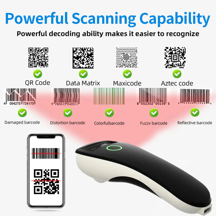 Mini Handheld 2D Barcode Scanner — Wireless (2.4G/Bluetooth) & USB, 1D/2D/QR/PDF417 with Storage