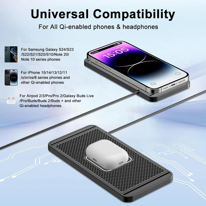 Silicone Car Wireless Charging Pad — Non‑Slip 15W Qi Fast Charger for iPhone, Samsung & Xiaomi