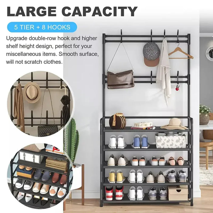 5-Tier Metal Shoe Rack with 8 Hooks — Coat, Hat & Bag Organiser