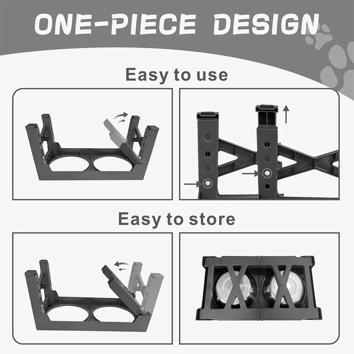 Adjustable Raised Dog Feeding Station with Two Stainless Steel Bowls - Black