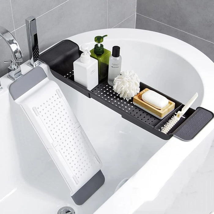 Expandable Drain Bath Shelf Caddy Tray — Plastic Bathtub Organiser (White/Black)