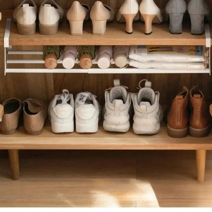 Adjustable Bamboo Shoe Rack – Space-Saving Double-Layer Wardrobe Organizer (White)