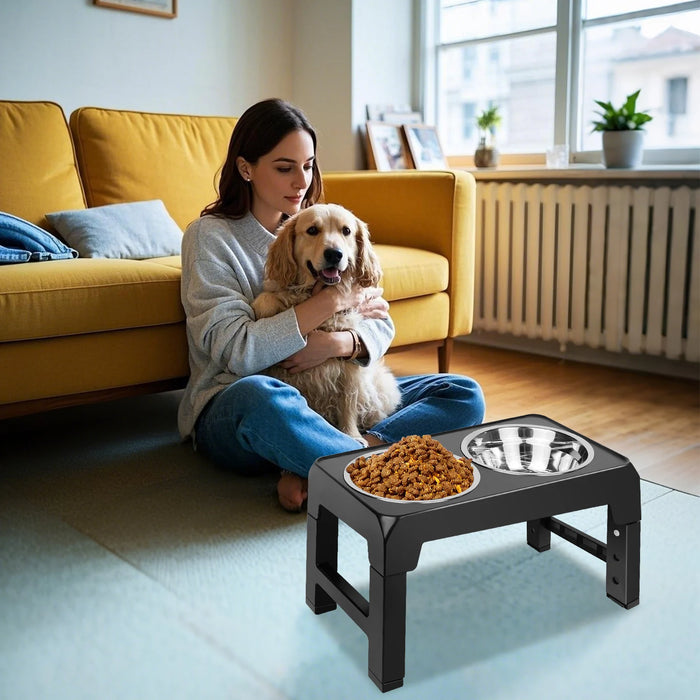 Dayplus Height-Adjustable Raised Dog Bowl – 2×1200ml Stainless Steel, 4 Heights (Black)