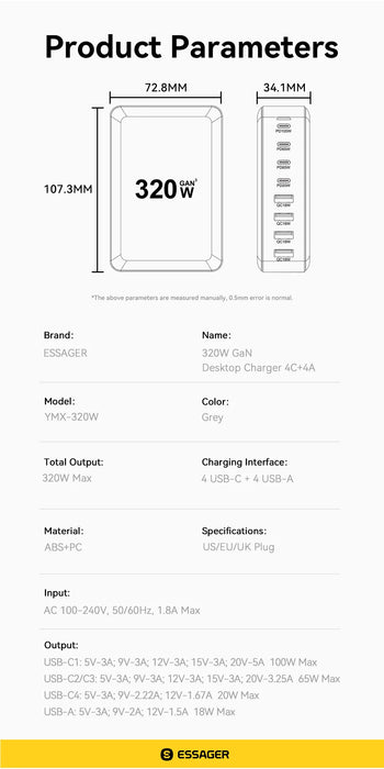 320W GaN 8‑Port Desktop Charger — 4×USB‑C & 4×USB‑A, 100W PD