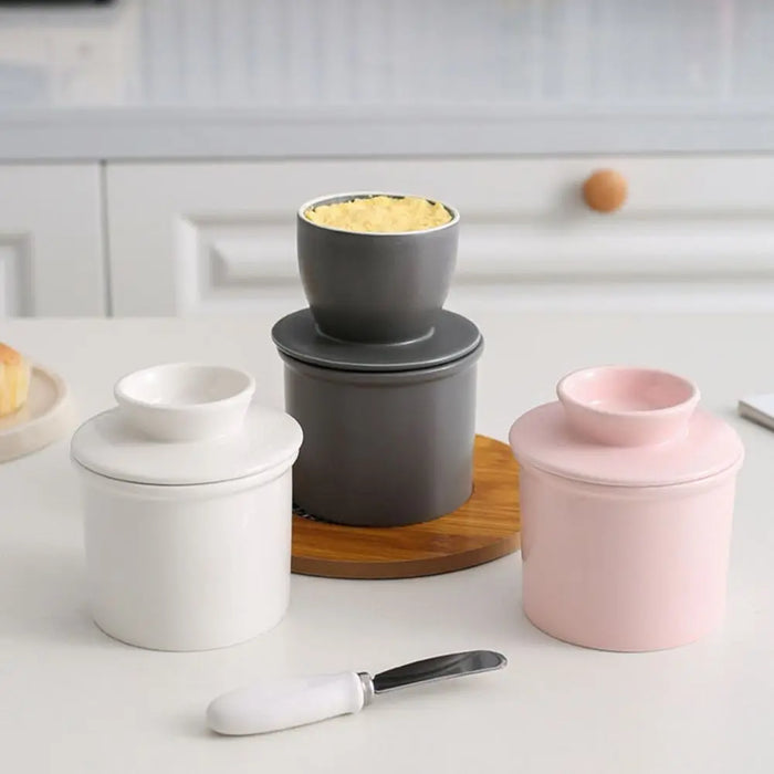 Ceramic Butter Cup with Lid — 350ml Sealed Butter Storage, Blue/Pink/White/Grey