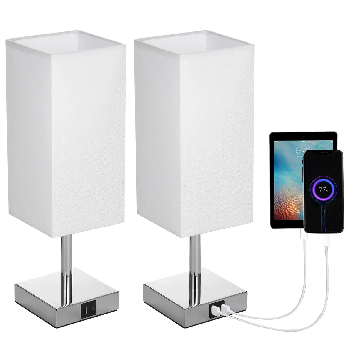 Stolní lampa s látkovým stínidlem - teplá bílá LED žárovka, dotykové ovládání, stolní světlo, USB A a Type-C nabíjecí porty - ideální pro noční stolky, pracovní stoly a studijní kouty