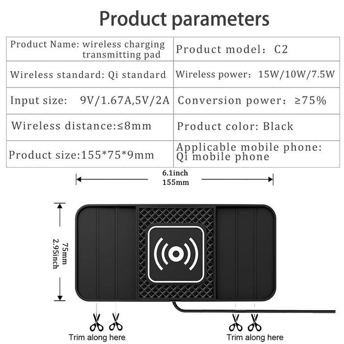 15W Fast Wireless Charging Pad – Non-slip Car Mat, USB-powered (Type-C or USB)