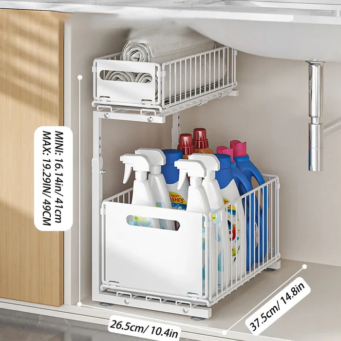 Pull-Out Under-Sink Organiser, 2-Tier Adjustable Sliding Shelf, Black & White