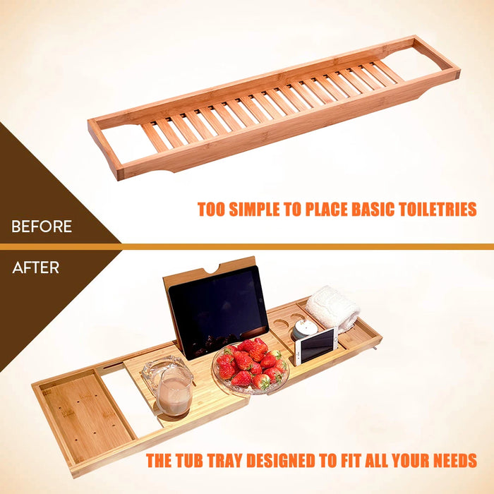Bamboo Bathtub Caddy Tray – Extendable Spa Tray with Book, Wine and Tablet Holder