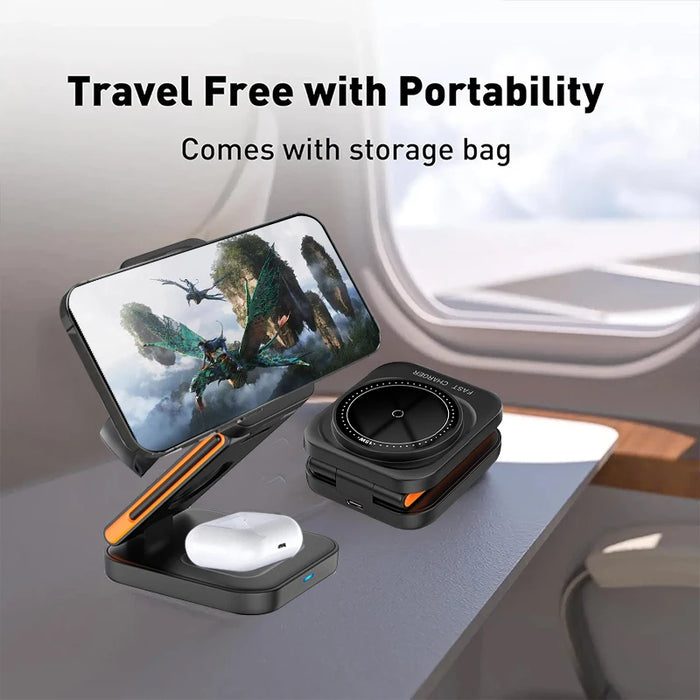 3‑in‑1 Foldable Magnetic Fast Wireless Charger Stand for iPhone 12–17, Apple Watch & AirPods