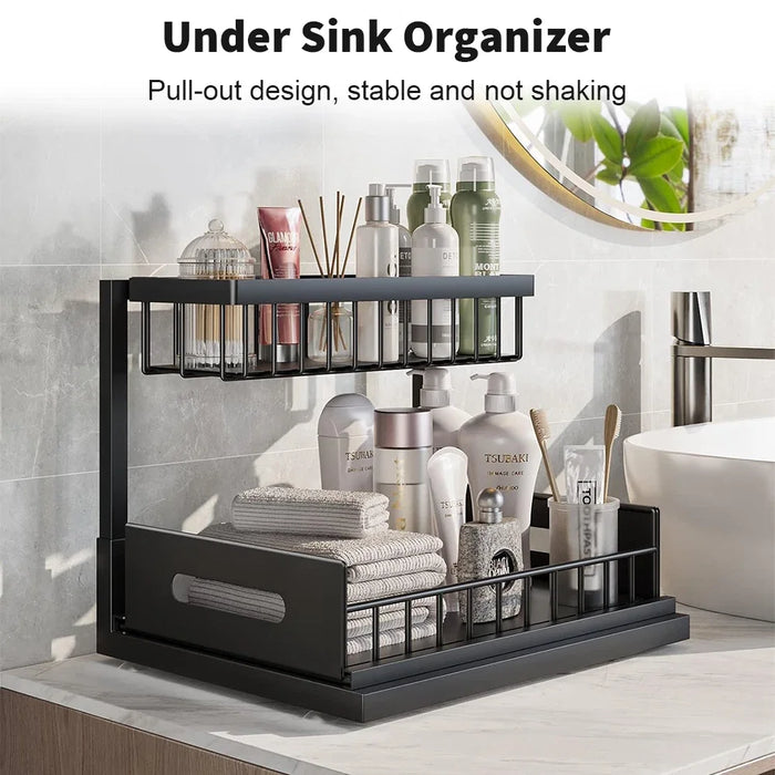 2-Tier Pull-Out Under-Sink Storage Rack – Sliding Cupboard Organiser