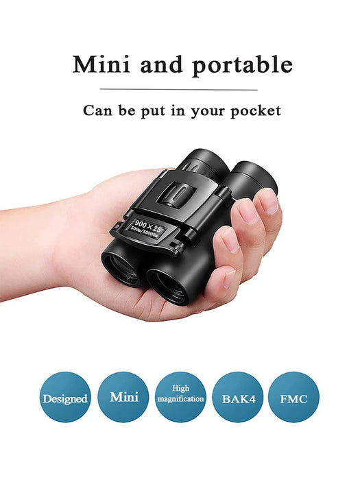 900x25 HD Zoom Portable Binoculars - 25mm BAK4 Prism, Folding Low-Light