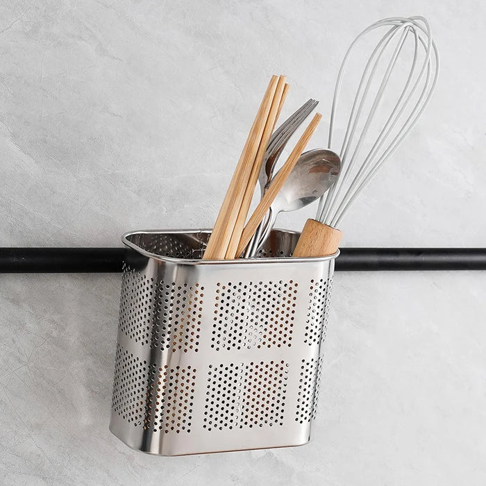 Stainless Steel Cutlery & Chopstick Drainer – 2-Compartment Utensil Holder with Hooks