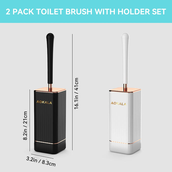 Aokala Silicone Toilet Brush & Holder — 40cm Long Handle, Wall or Floor Mount, Black or White with Rose Gold Trim