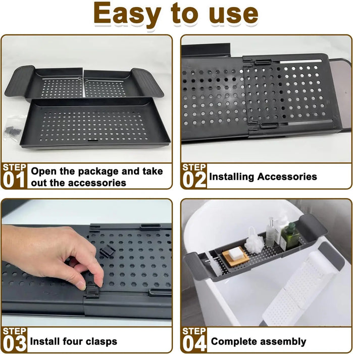 Expandable Drain Bath Shelf Caddy Tray — Plastic Bathtub Organiser (White/Black)