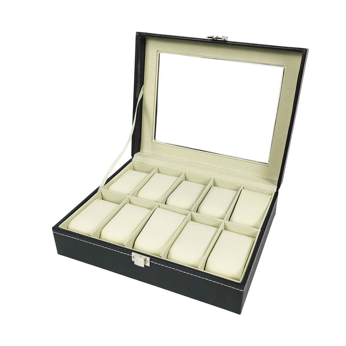 12-Slot Watch Box — Grey PU Leather with Clear Window & Velvet Lining
