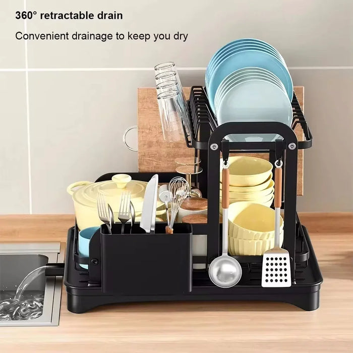 2-Tier Wrought Iron Dish Drainer with 360° Drainage & Drainboard