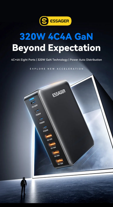 320W GaN 8‑Port Desktop Charger — 4×USB‑C & 4×USB‑A, 100W PD